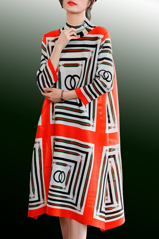 Long Sleeve High Neck Printed Short Dress